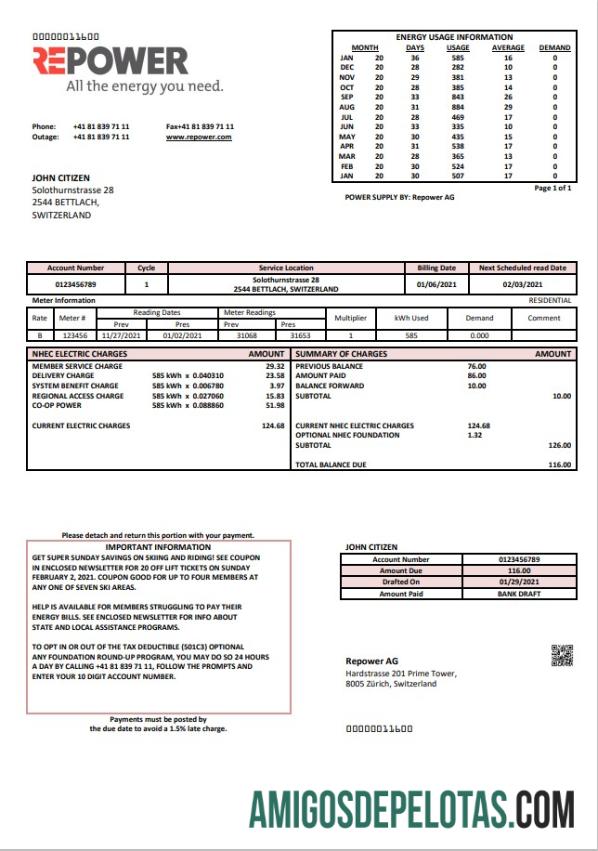 imprimível Modelo de conta de serviços públicos da Switzerland Repower AG, totalmente editável em formato Word e PDF